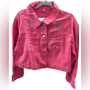 Loveimgs Hot Pink Distressed Denim Jacket Rhinestone Fringe Cowgirl Size Medium
